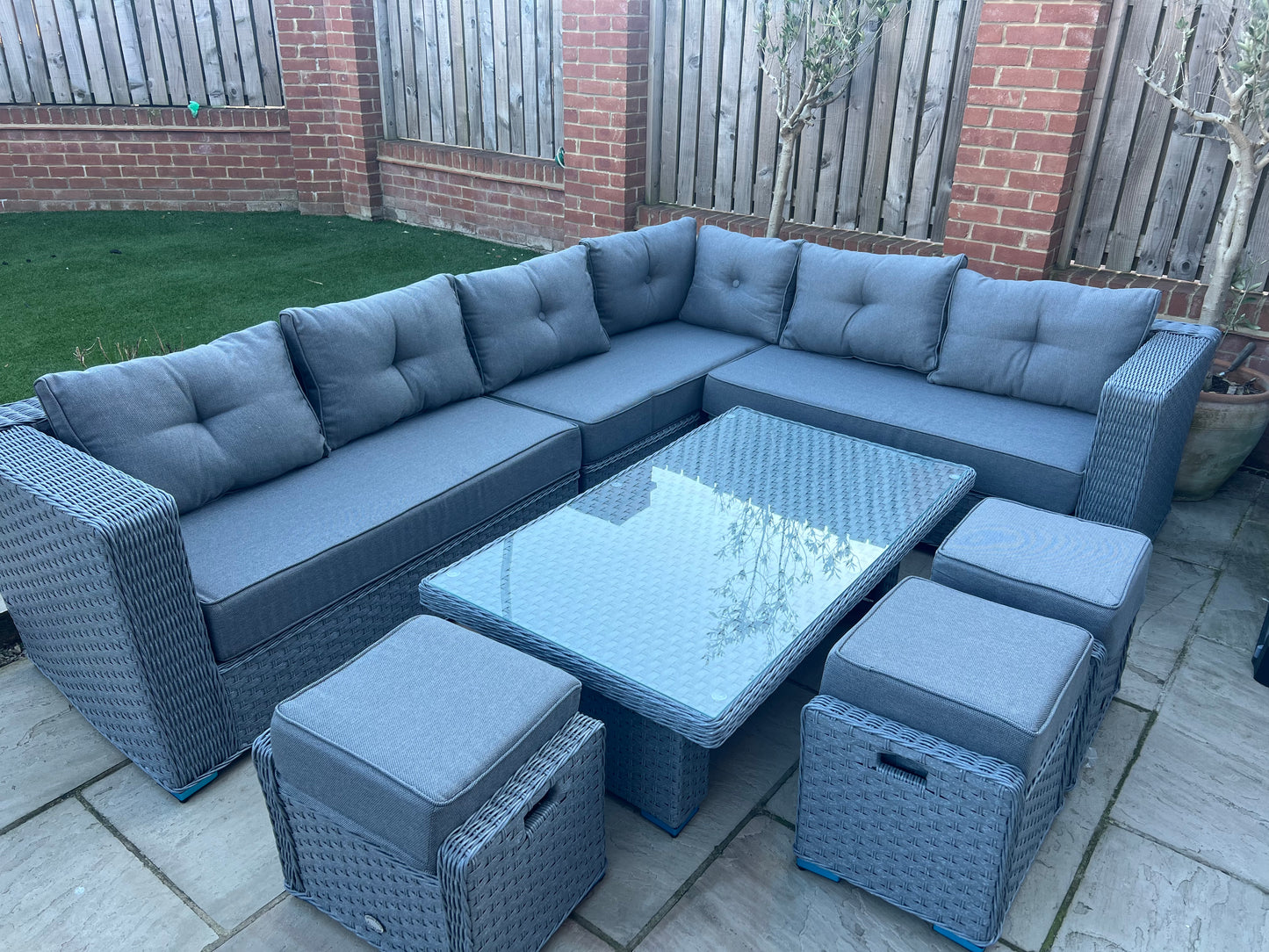 Capri L-Shaped Corner Rattan Lounge Dining Set with 3 Stools and Rising table with waterproof cover