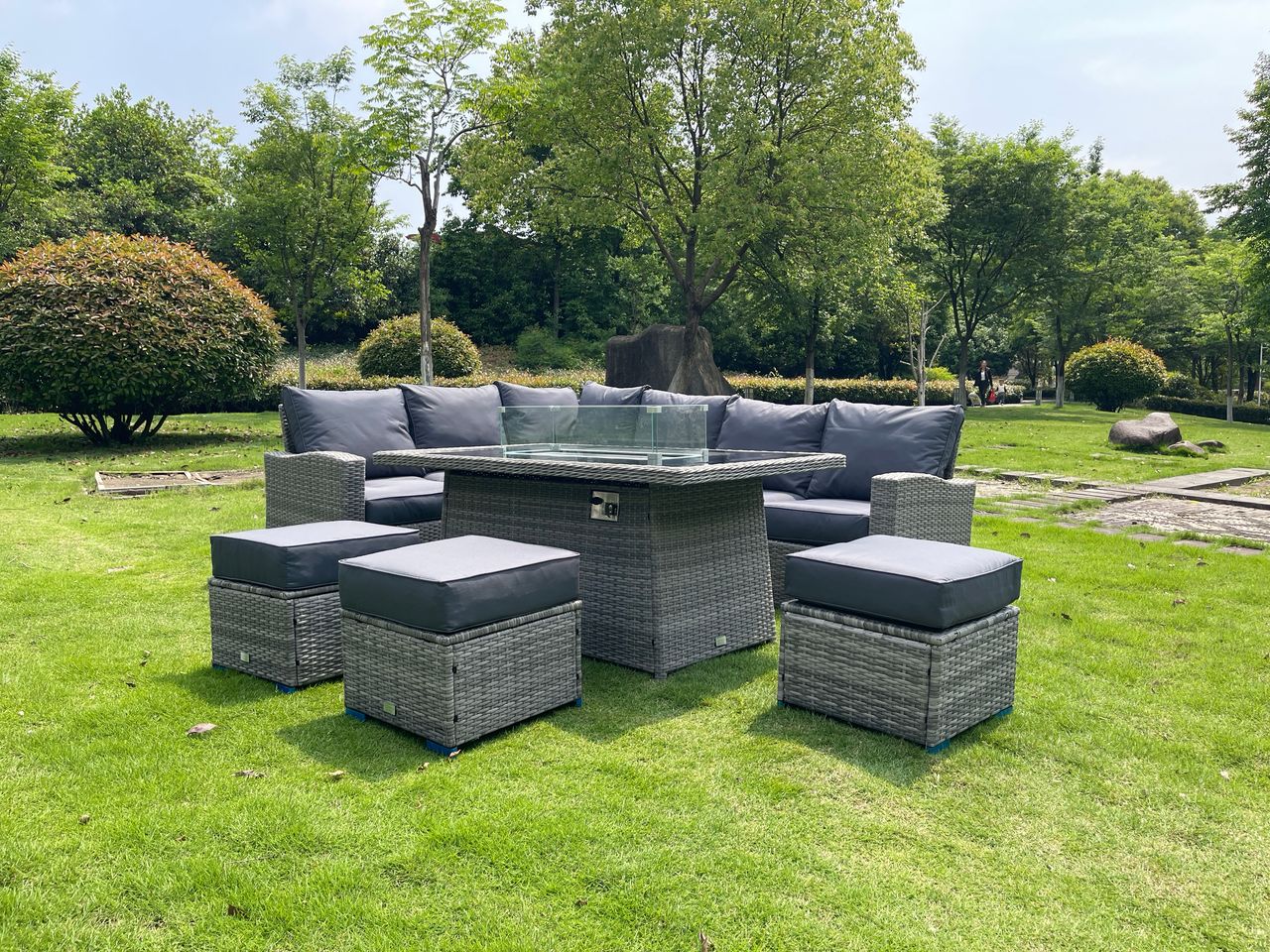 Harper L Shape Firepit Rattan set in Grey