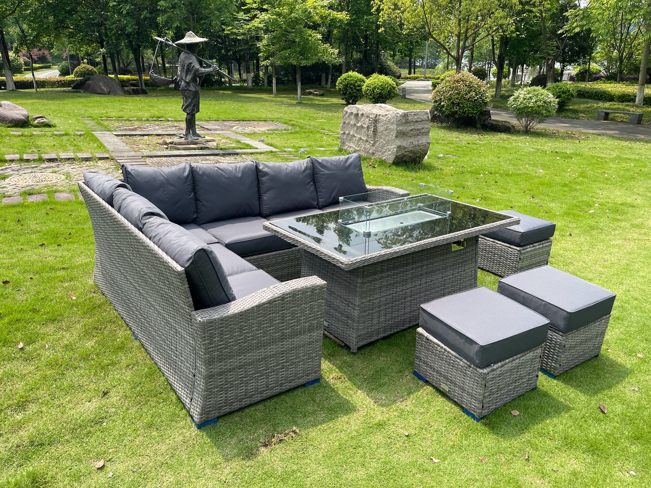 Harper L Shape Firepit Rattan set in Grey