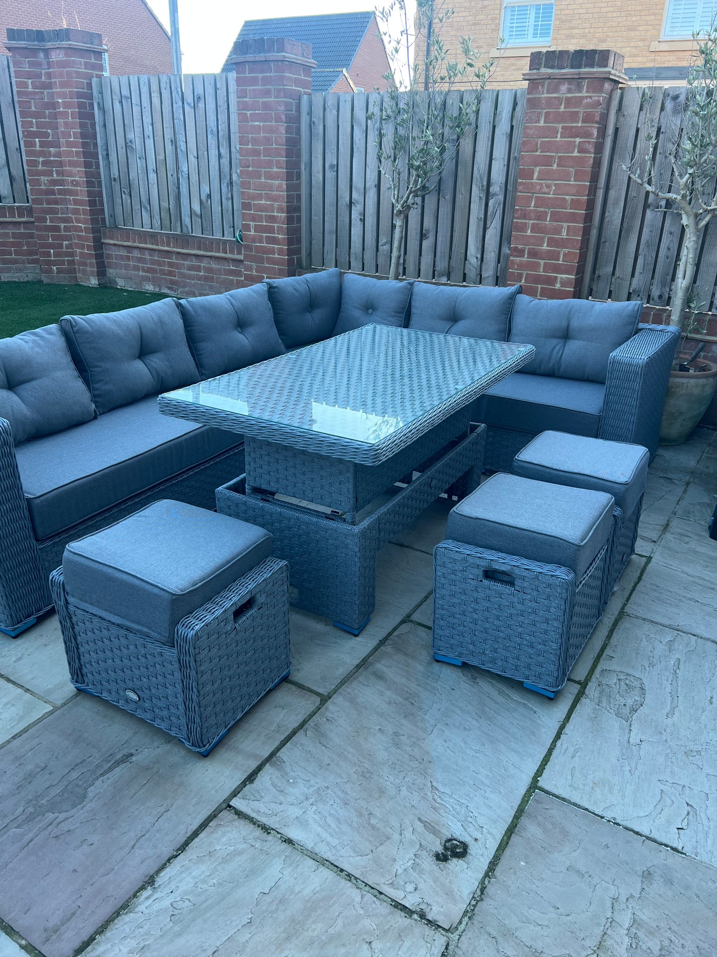 Capri L-Shaped Corner Rattan Lounge Dining Set with 3 Stools and Rising table with waterproof cover