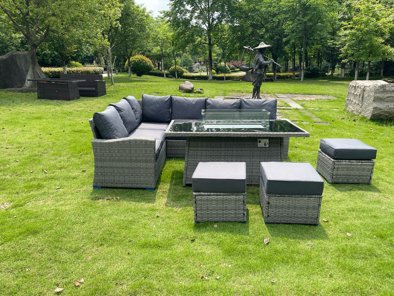Harper L Shape Firepit Rattan set in Grey