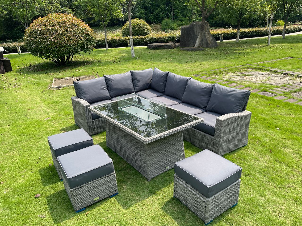 Harper L Shape Firepit Rattan set in Grey