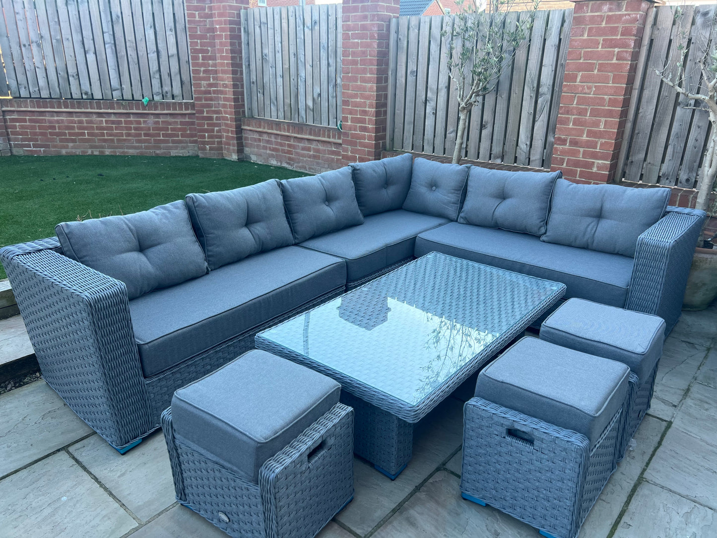 Capri L-Shaped Corner Rattan Lounge Dining Set with 3 Stools and Rising table with waterproof cover