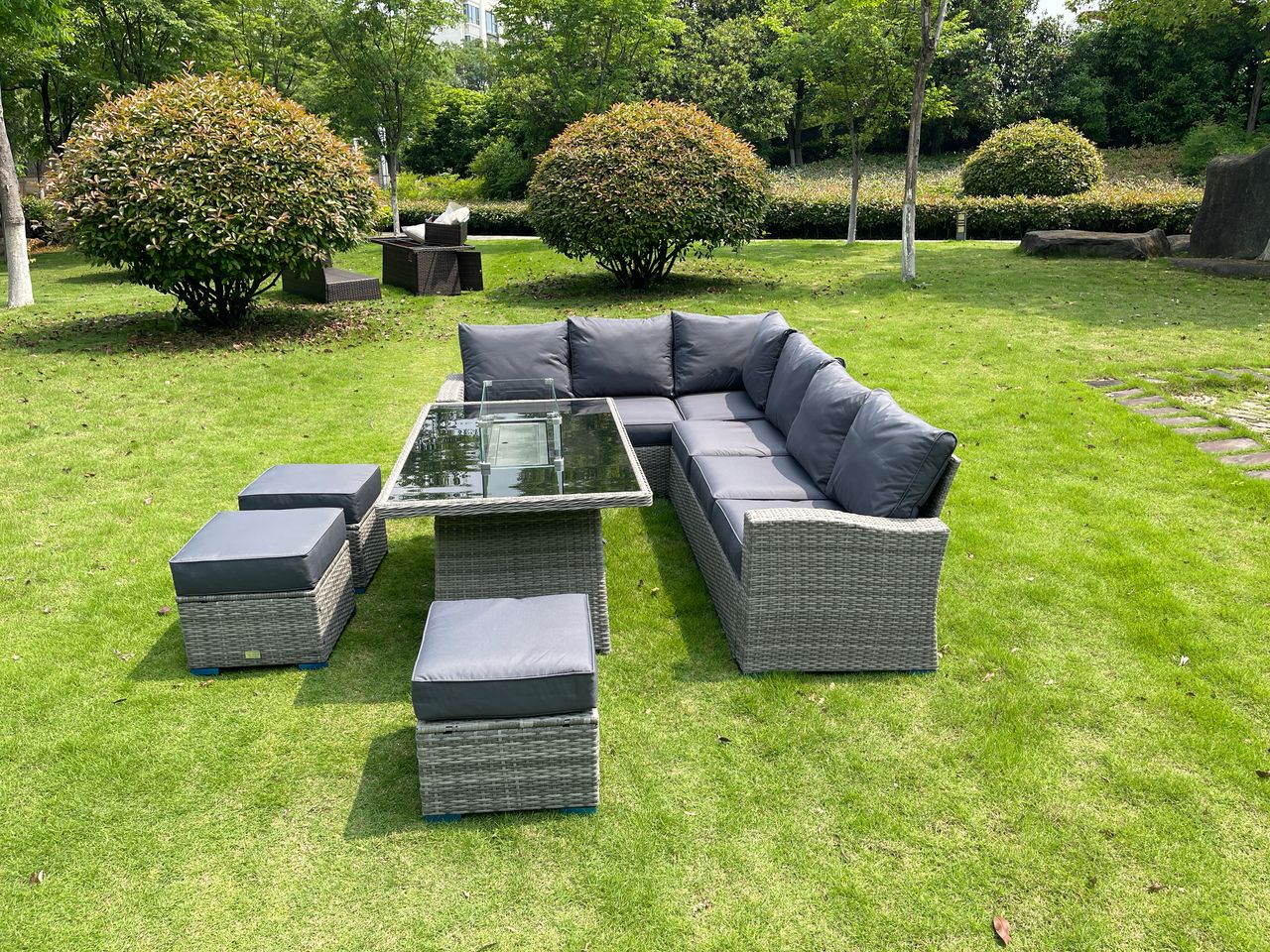 Harper L Shape Firepit Rattan set in Grey