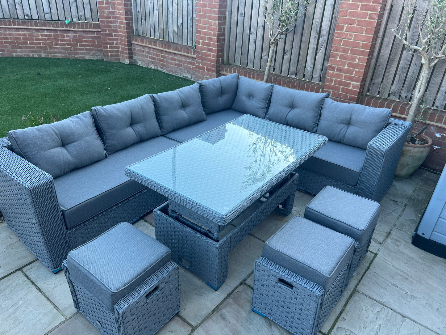 Capri L-Shaped Corner Rattan Lounge Dining Set with 3 Stools and Rising table with waterproof cover