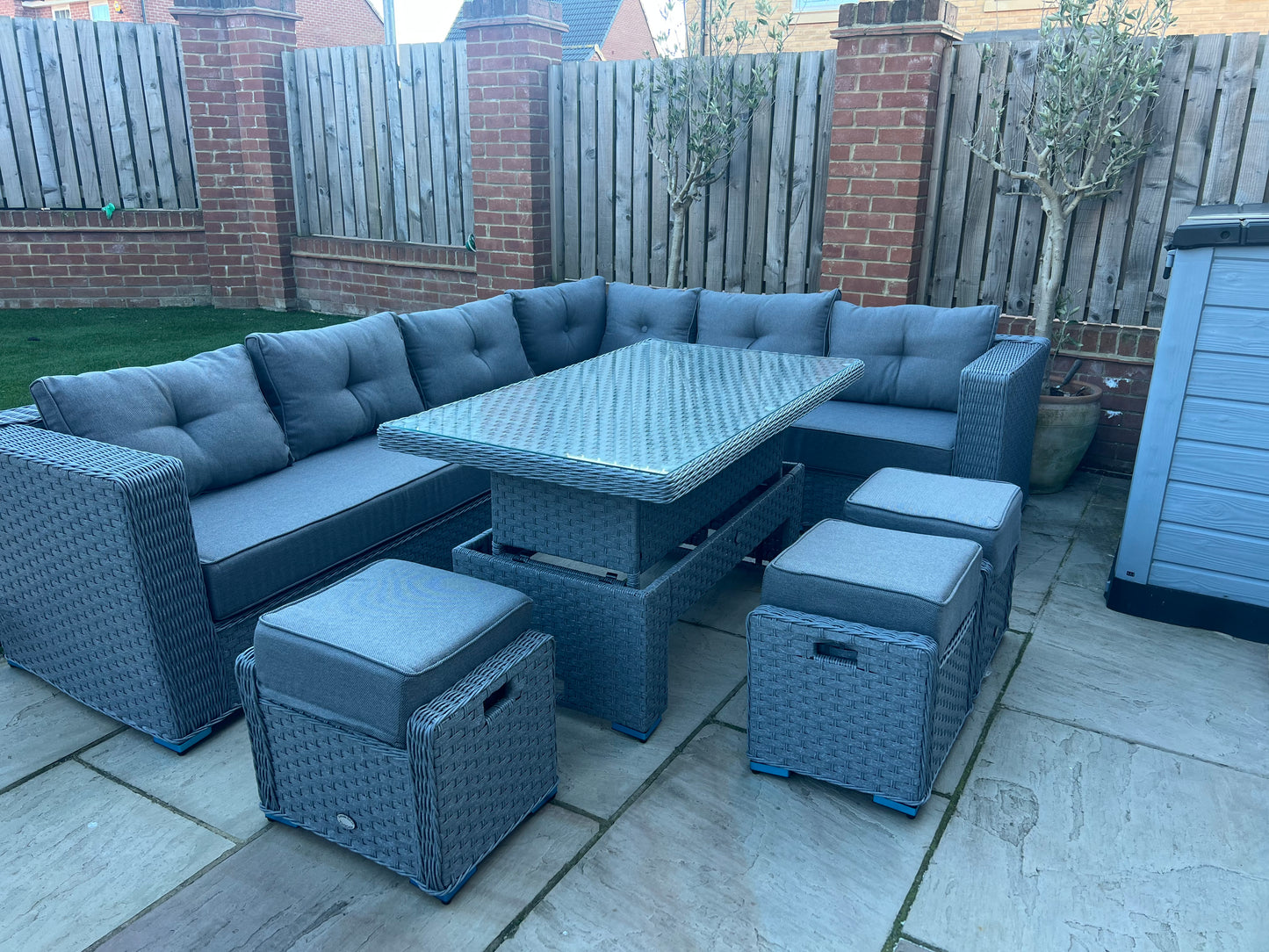 Capri L-Shaped Corner Rattan Lounge Dining Set with 3 Stools and Rising table with waterproof cover
