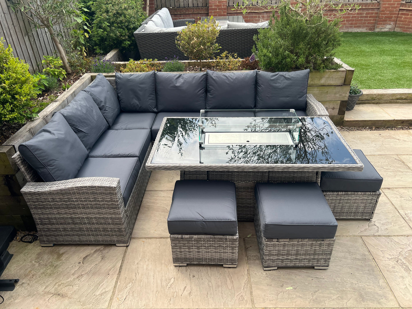 Harper L Shape Firepit Rattan set in Grey