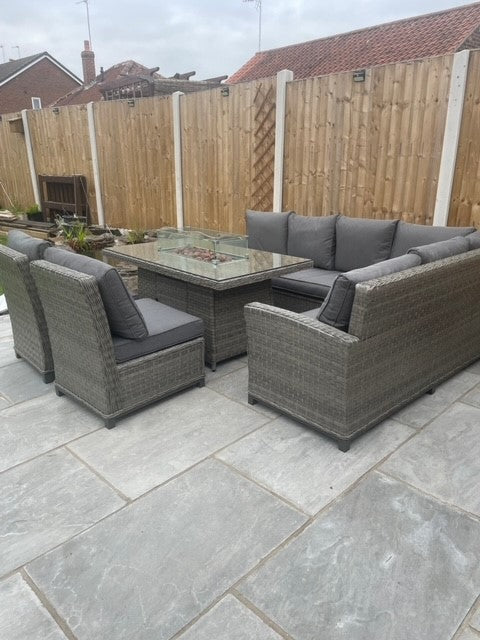 Naples Casual corner rattan dining set with firepit table