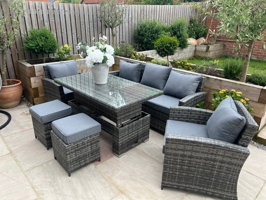 Antonio Grey Rattan Sofa Armchair and Rising Table Dining Set