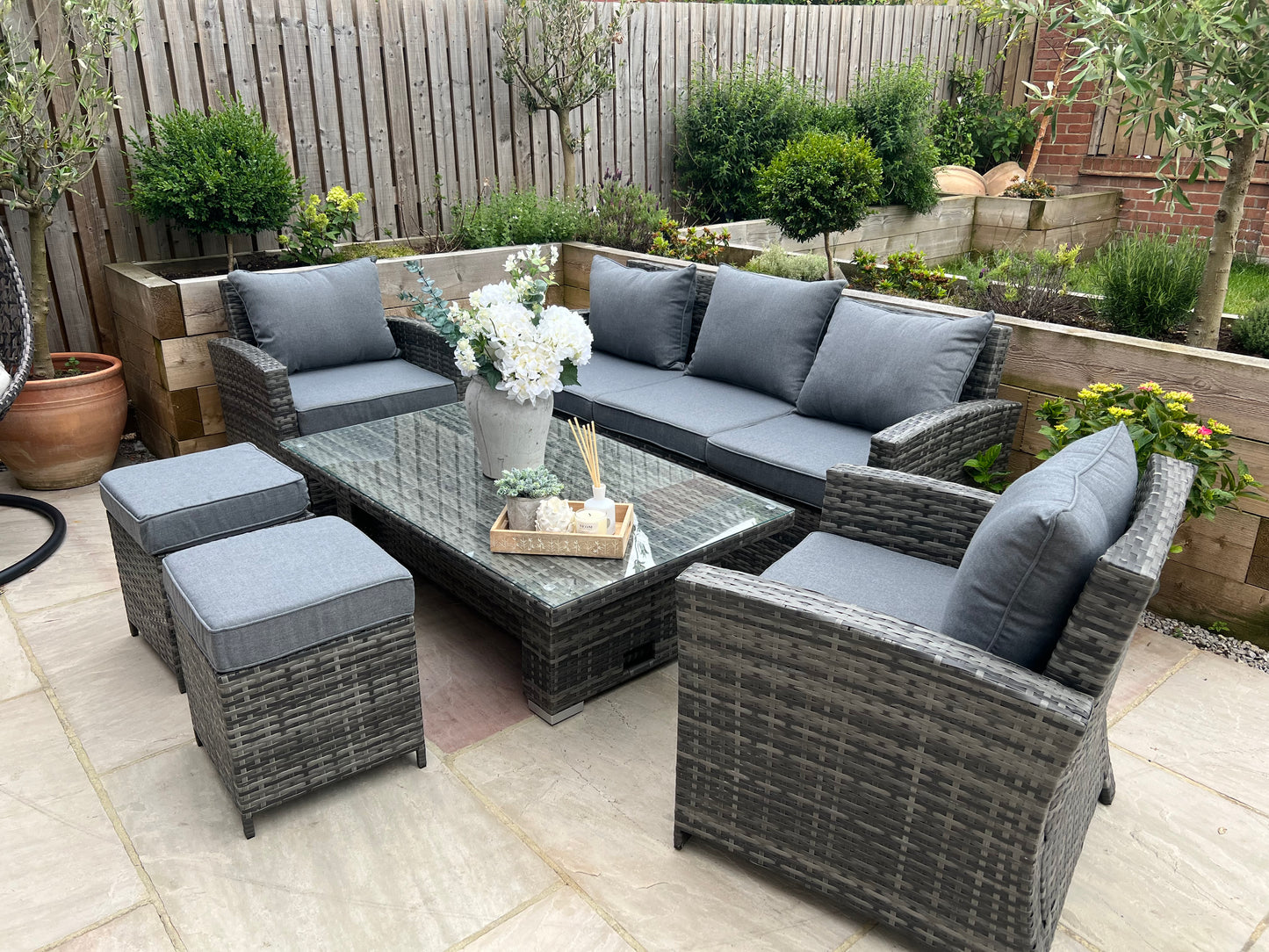Antonio Grey Rattan Sofa Armchair and Rising Table Dining Set