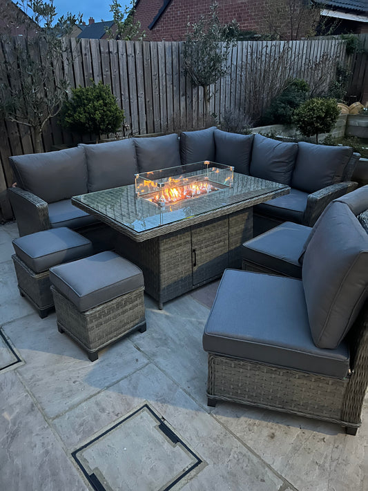 Naples Casual corner rattan dining set with firepit table