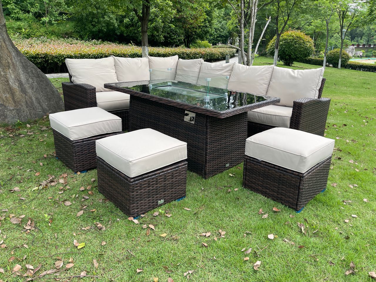 Harper L Shape Rattan firepit set in Brown
