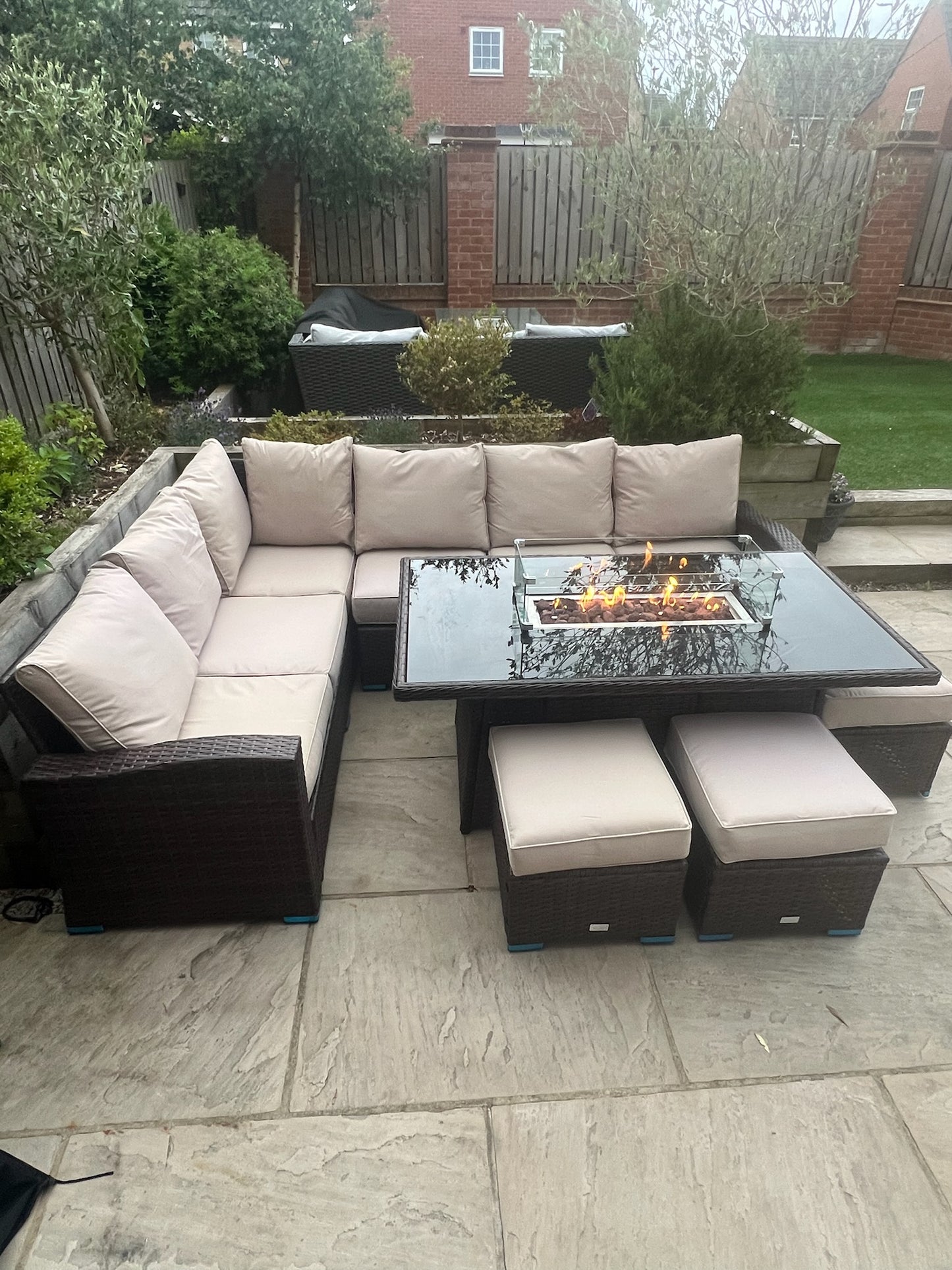 Harper L Shape Rattan Firepit set in Brown