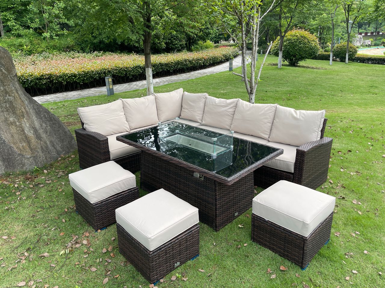 Harper L Shape Rattan firepit set in Brown