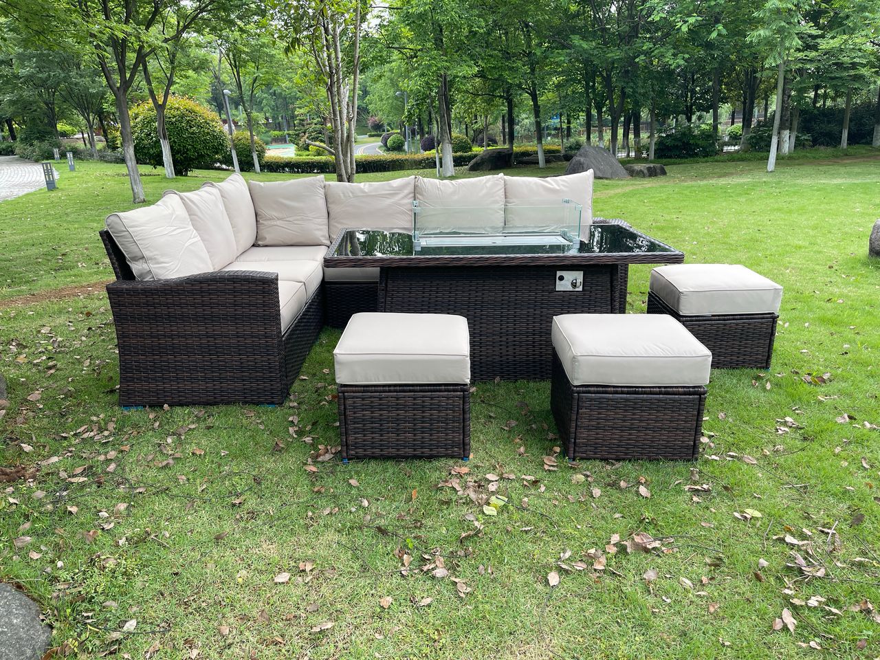 Harper L Shape Rattan firepit set in Brown