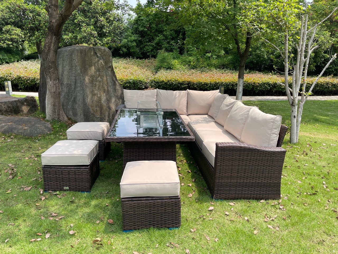 Harper L Shape Rattan firepit set in Brown