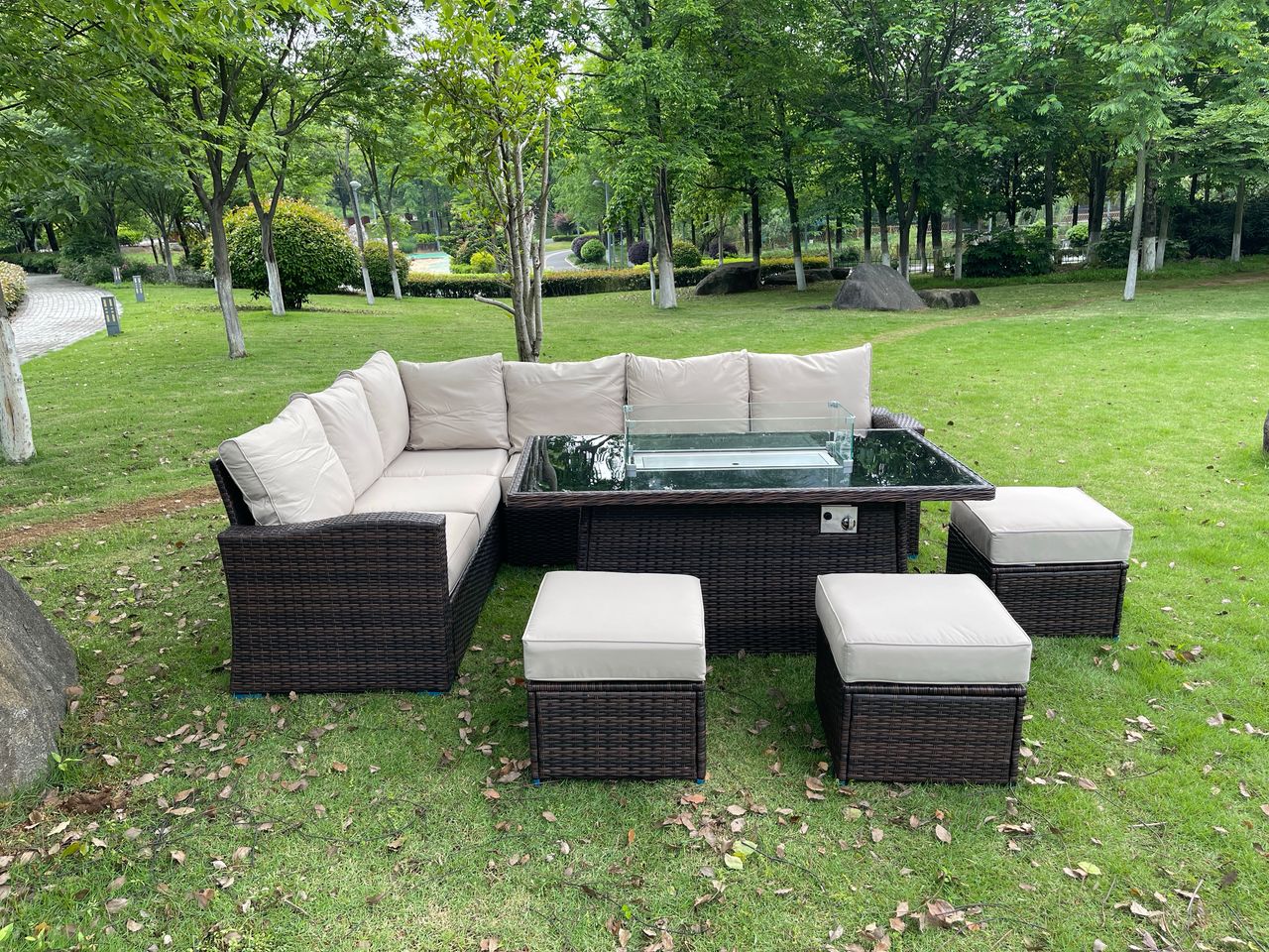 Harper L Shape Rattan firepit set in Brown