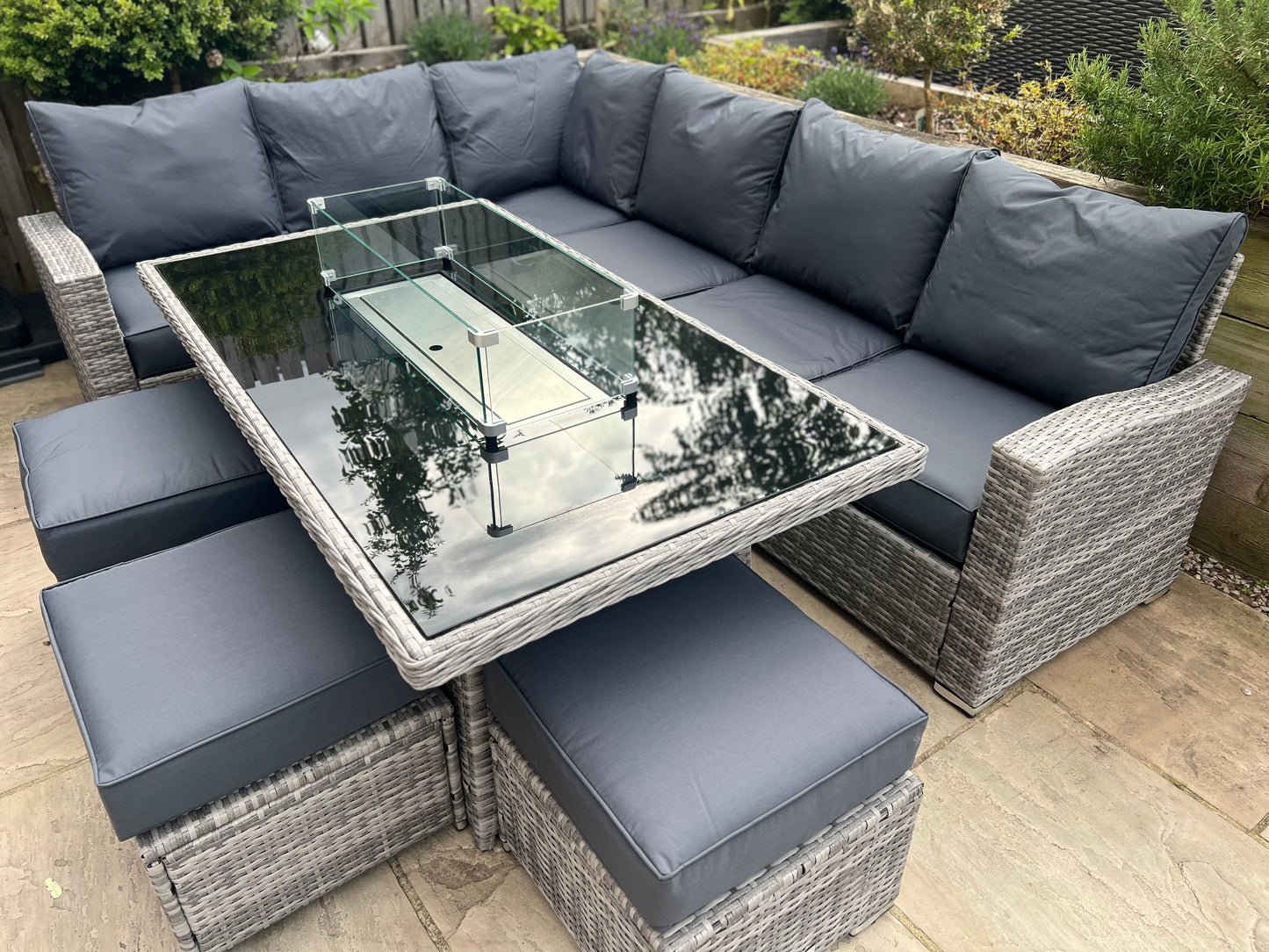 Harper L Shape Firepit Rattan set in Grey