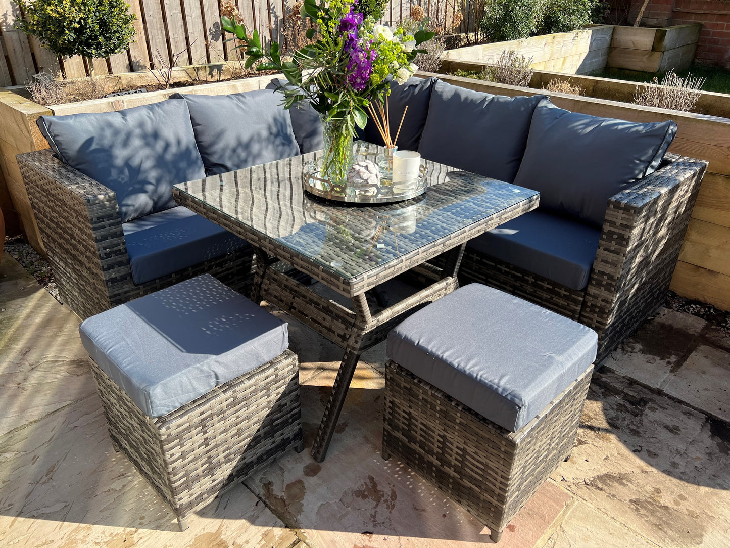 Atrina Compact Grey Rattan Corner Garden Sofa Dining Table Set