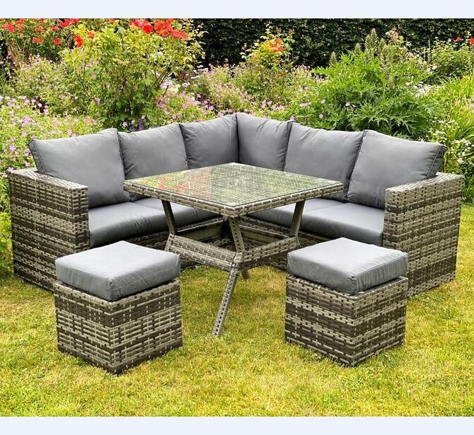 Atrina Compact Grey Rattan Corner Garden Sofa Dining Table Set