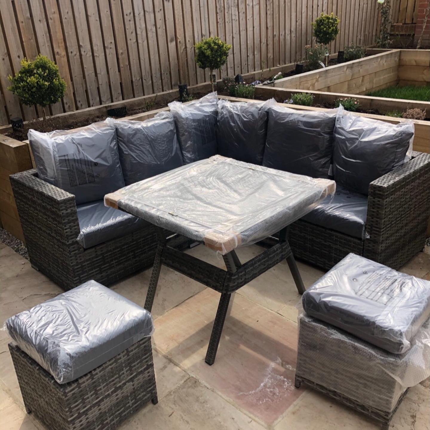 Atrina Compact Grey Rattan Corner Garden Sofa Dining Table Set