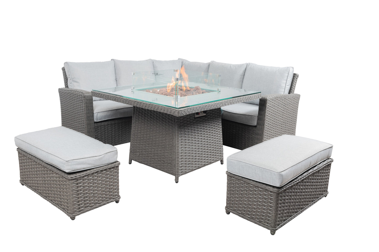 Santorini compact casual dining corner sofa set with Firepit table